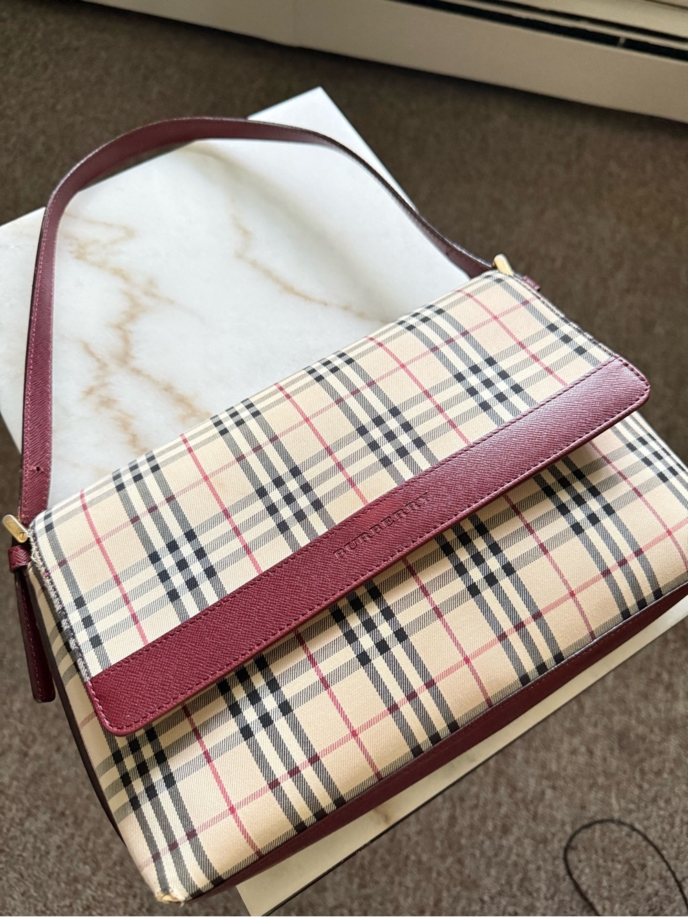 Burberry Nova Check with Burgundy Leather Trim